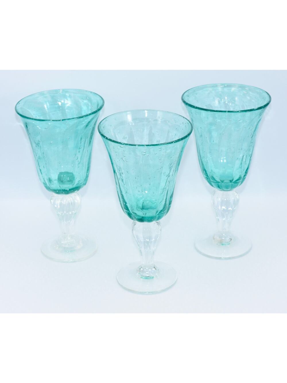 Val De Pome Christophe Saba Biot Seeded Teal Wine/Water Stemware Goblets France